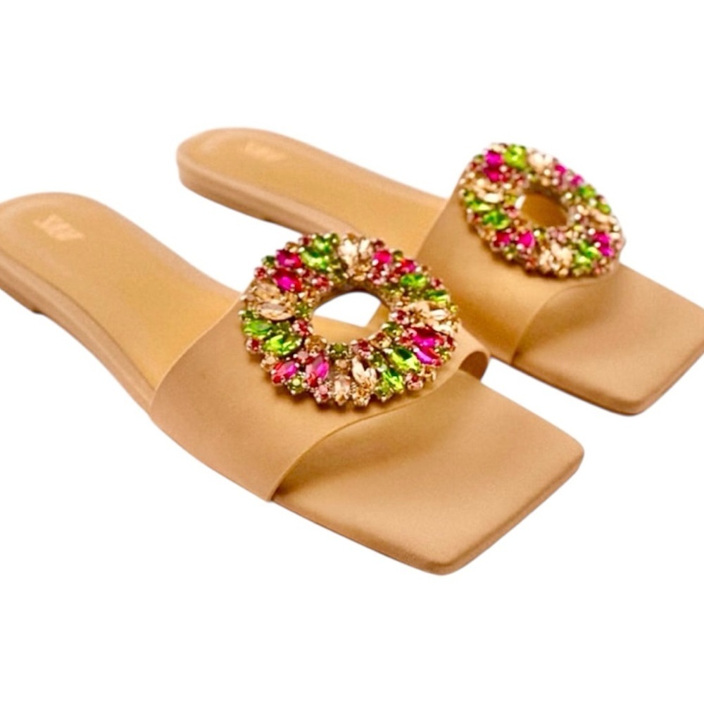 Zara Tan Green Sandals with Elegant Jeweled Design